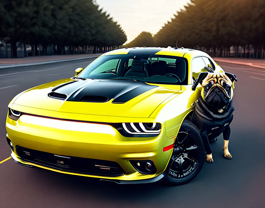 Yellow Sports Car with Black Racing Stripes and Pug in Sunglasses on Road