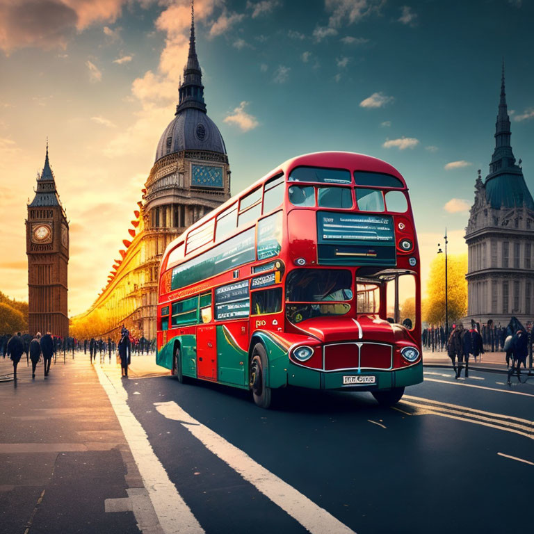 Vintage Red Double-Decker Bus on Westminster Bridge at Sunset