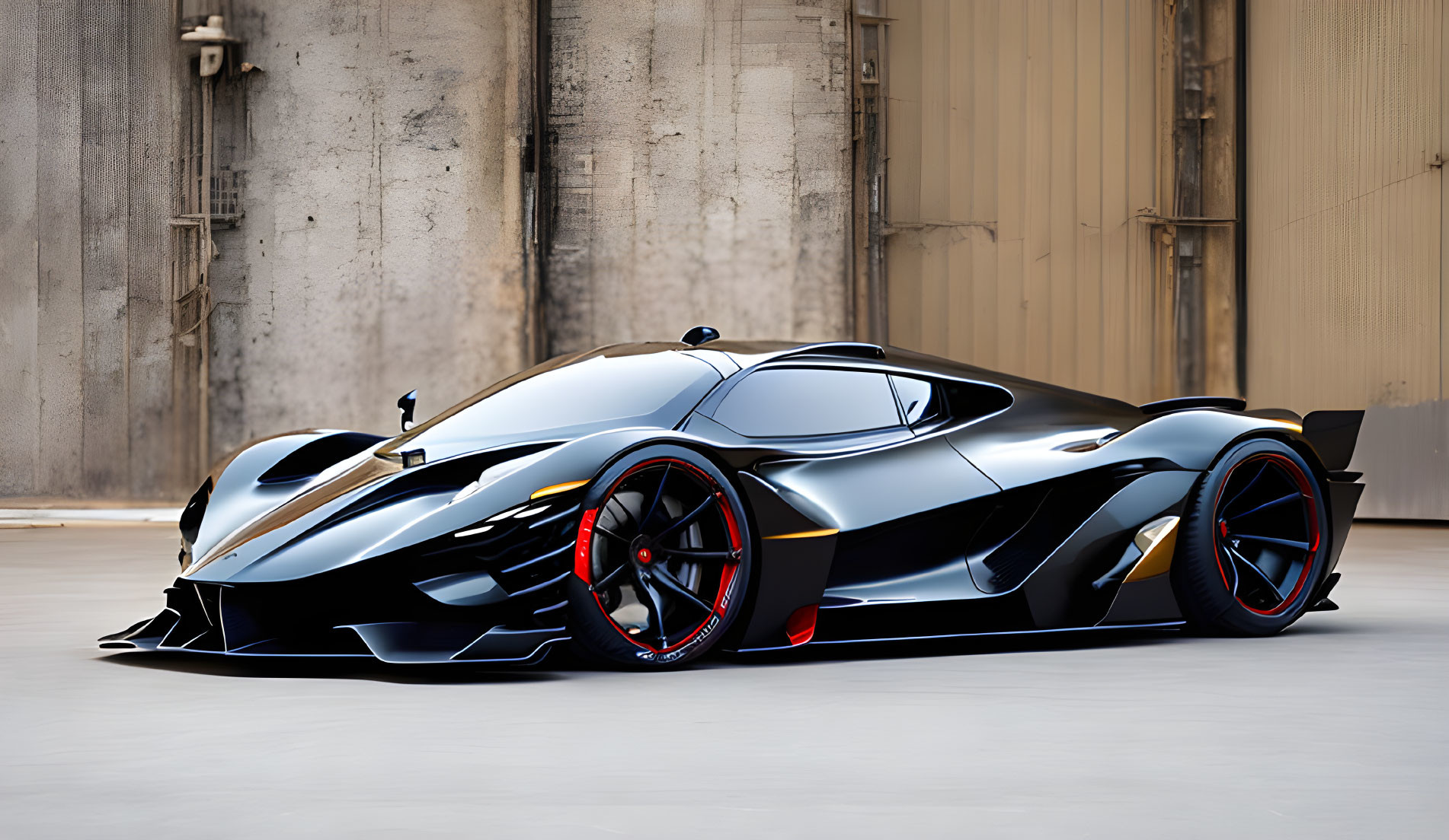 Black Sports Car with Red Accents in Industrial Setting