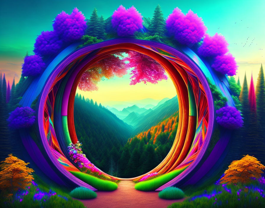 Colorful Swirling Loops Frame Mountain View in Surreal Landscape