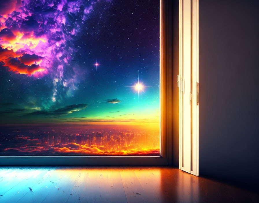 Vibrant cosmic sky and city skyline through open door