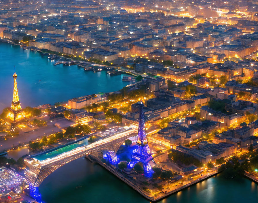 Brightly Lit Cityscape with Eiffel Tower and Seine River