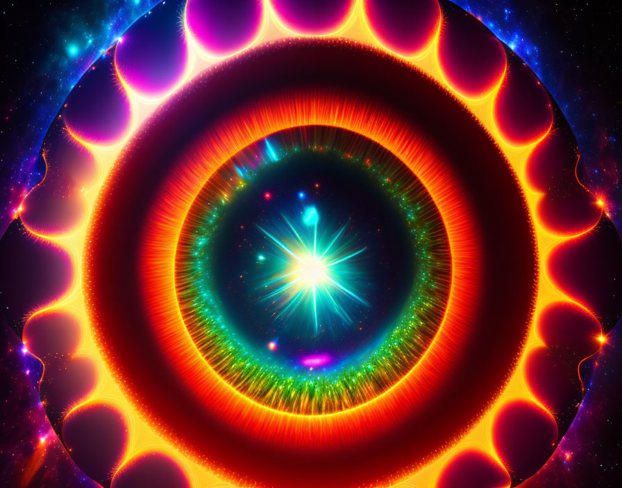 Colorful Digital Artwork: Glowing Light with Rings in Orange, Green, and Purple