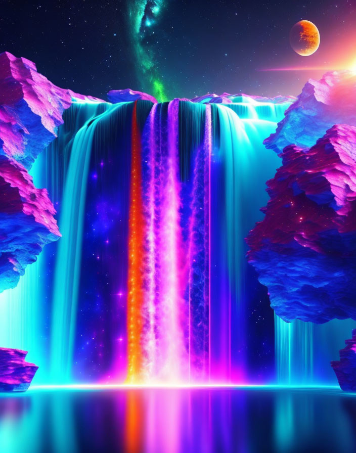 Neon-lit waterfall in cosmic setting with starry sky and glowing planet