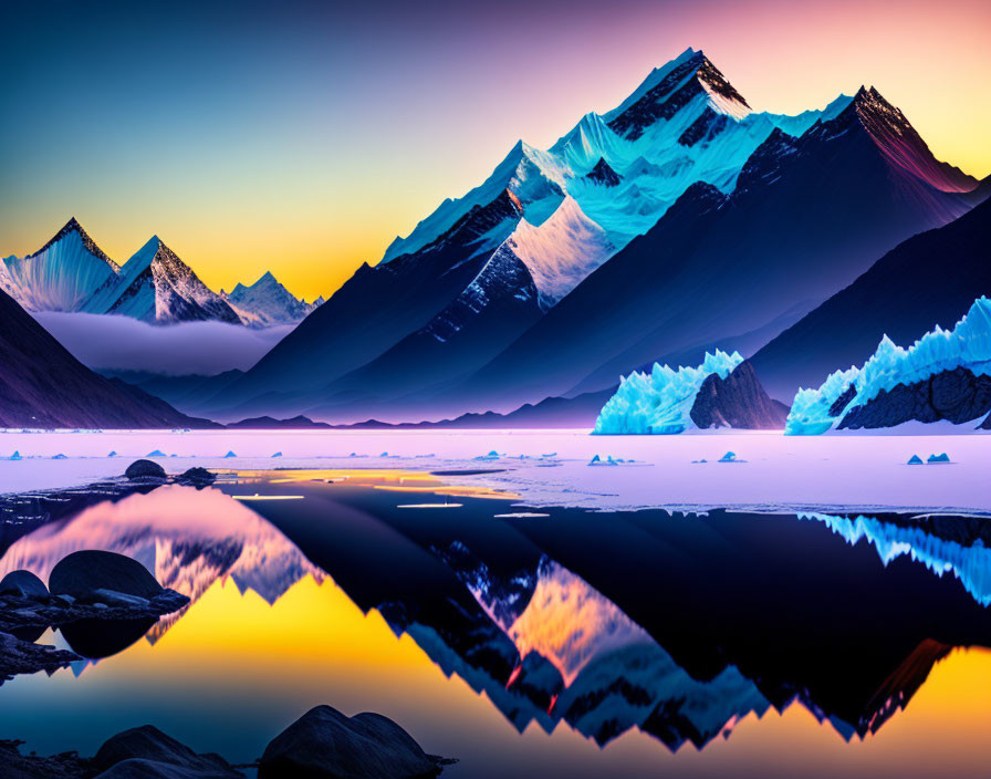 Scenic sunset over tranquil lake with icebergs and snowy mountains