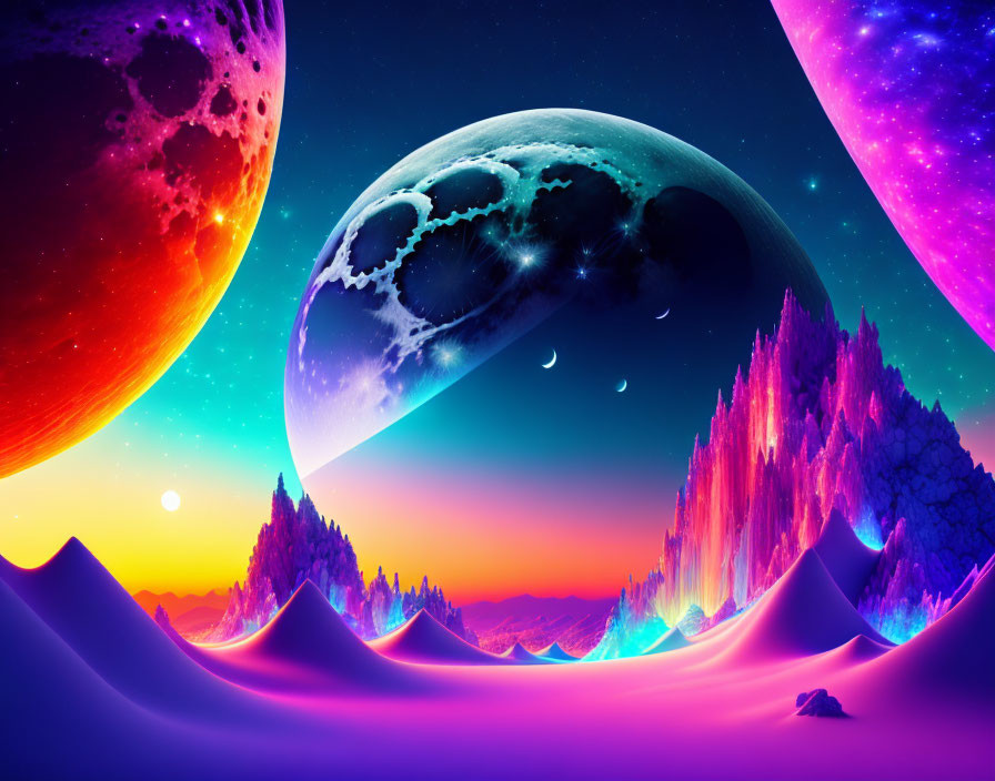 Colorful Cosmic Landscape with Multiple Moons and Neon-lit Mountains