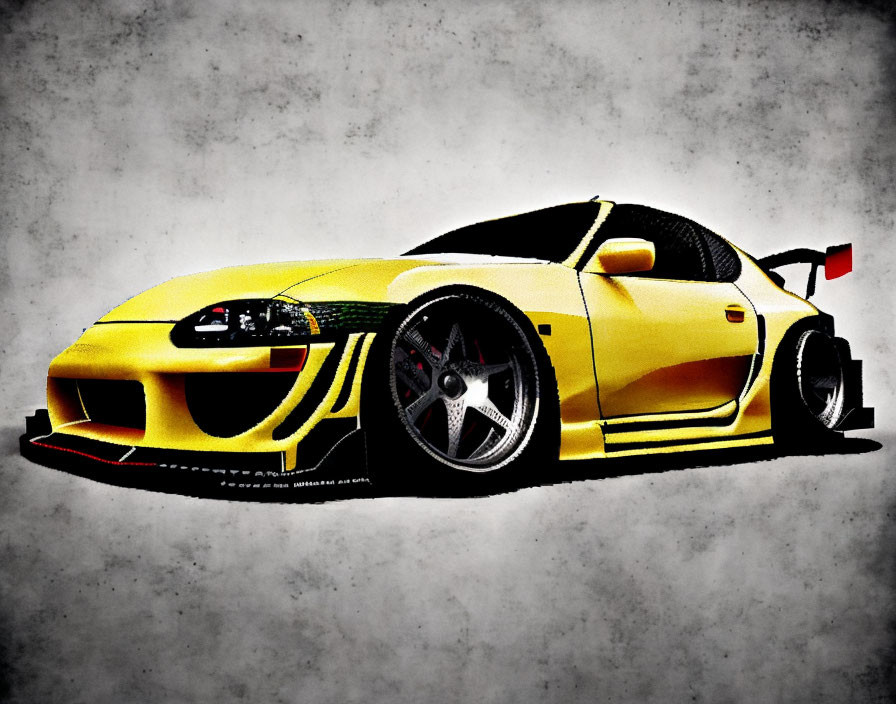 Yellow Sports Car with Black Accents and Custom Wheels on Grey Background