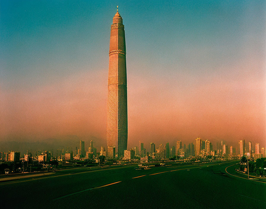 Cityscape with towering skyscraper and empty road in sunset hues