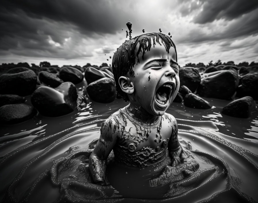 Child in mud pool with dark stones and overcast skies