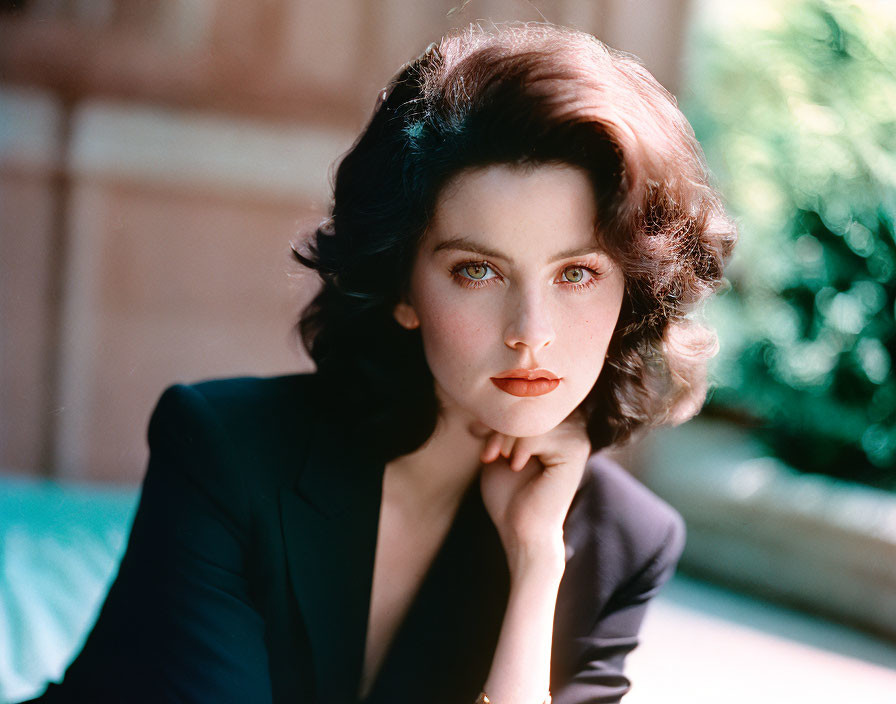 Dark-haired woman with red lipstick in black outfit against blurry background