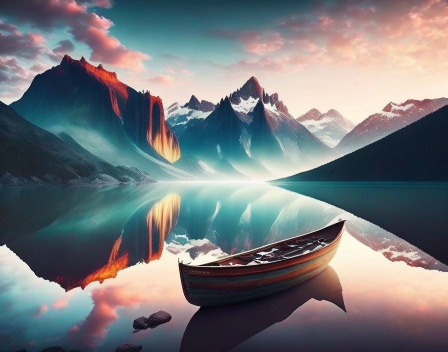 Tranquil Lake Scene with Boat and Mountain Reflections at Sunrise or Sunset