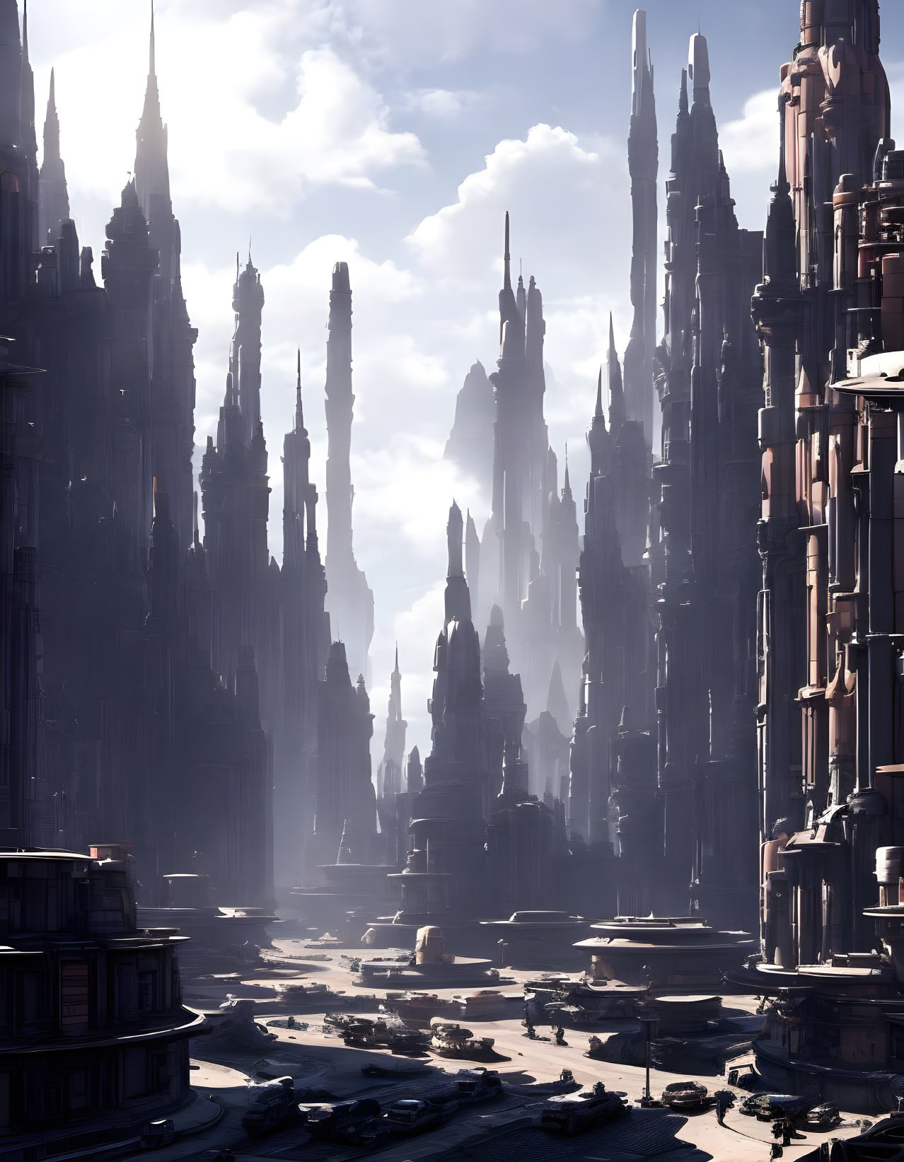 Futuristic cityscape with towering spires and shadowy canyons.