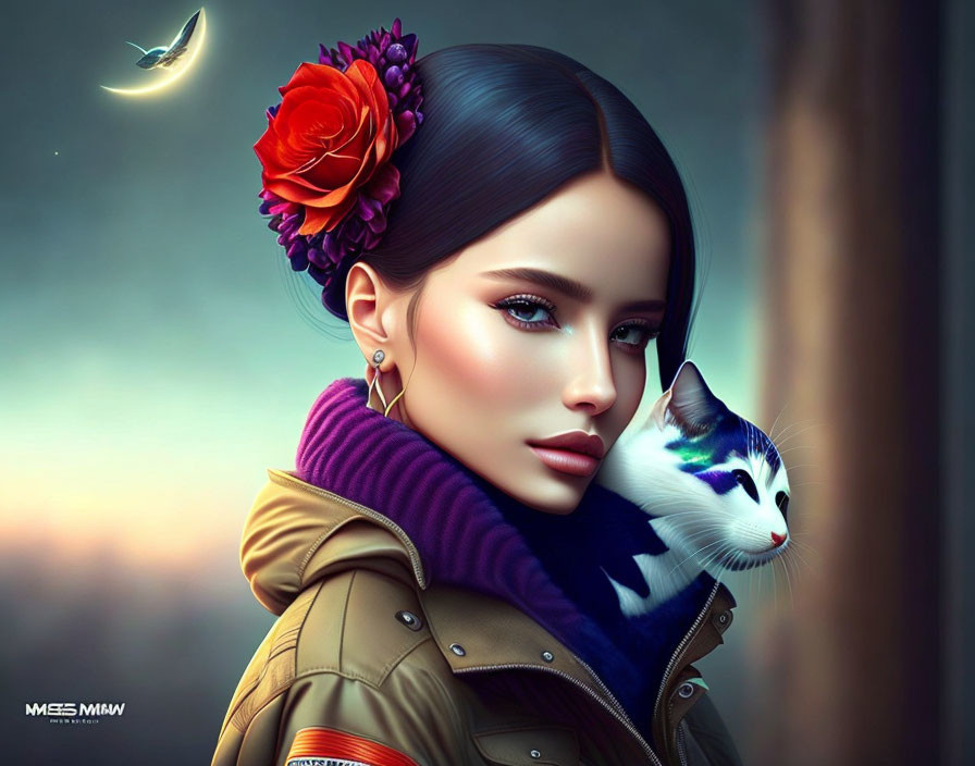 Digital portrait of woman with floral hair accessory holding a cat, bird in dusky sky