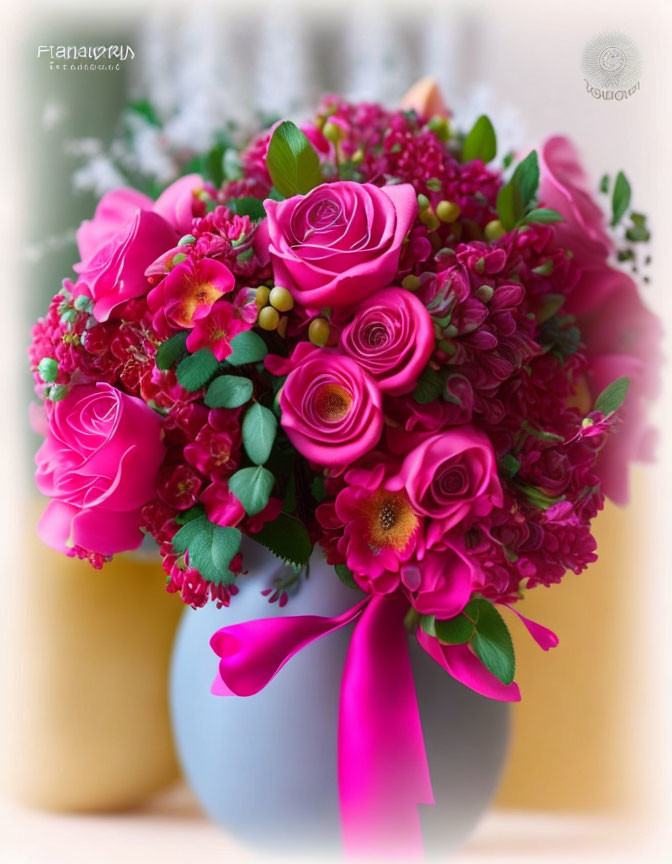 Pink roses and assorted flowers in blue vase with pink ribbon on soft-focus background