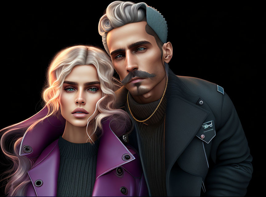 Stylish Couple with Striking Features: Long Blonde Hair, Blue Eyes, Mustache, Gray