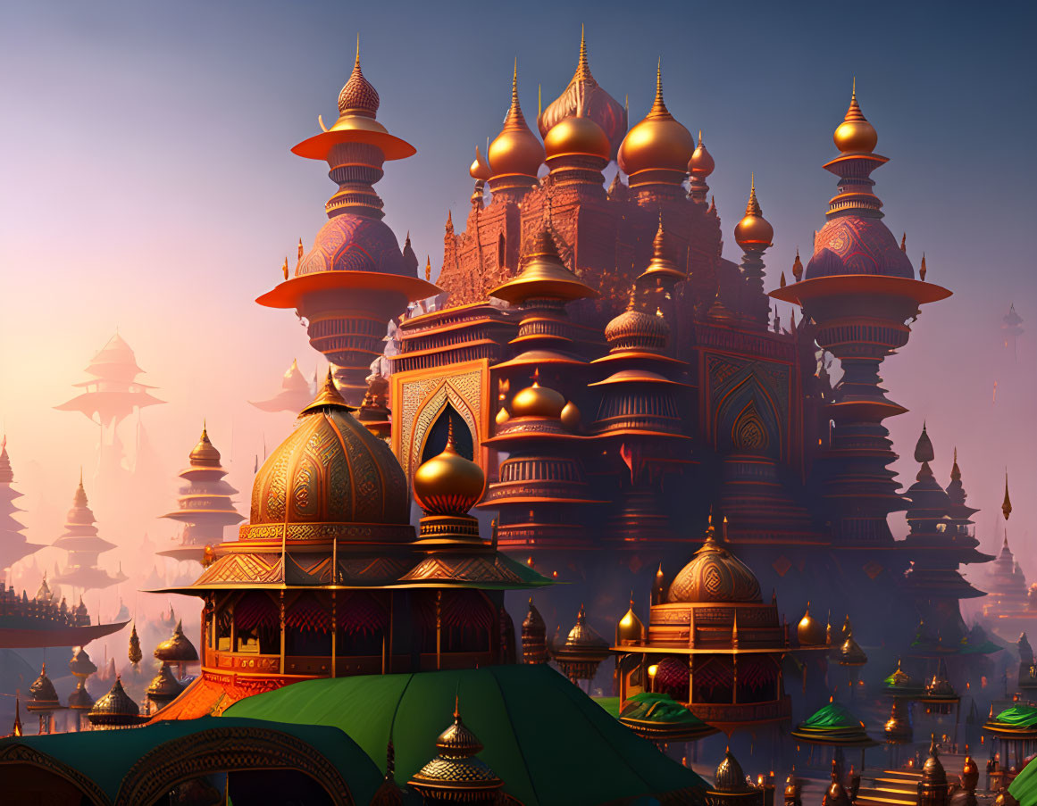 Intricate Fantasy Oriental Palace with Gold and Bronze Domes