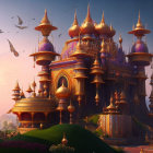 Intricate Fantasy Oriental Palace with Gold and Bronze Domes