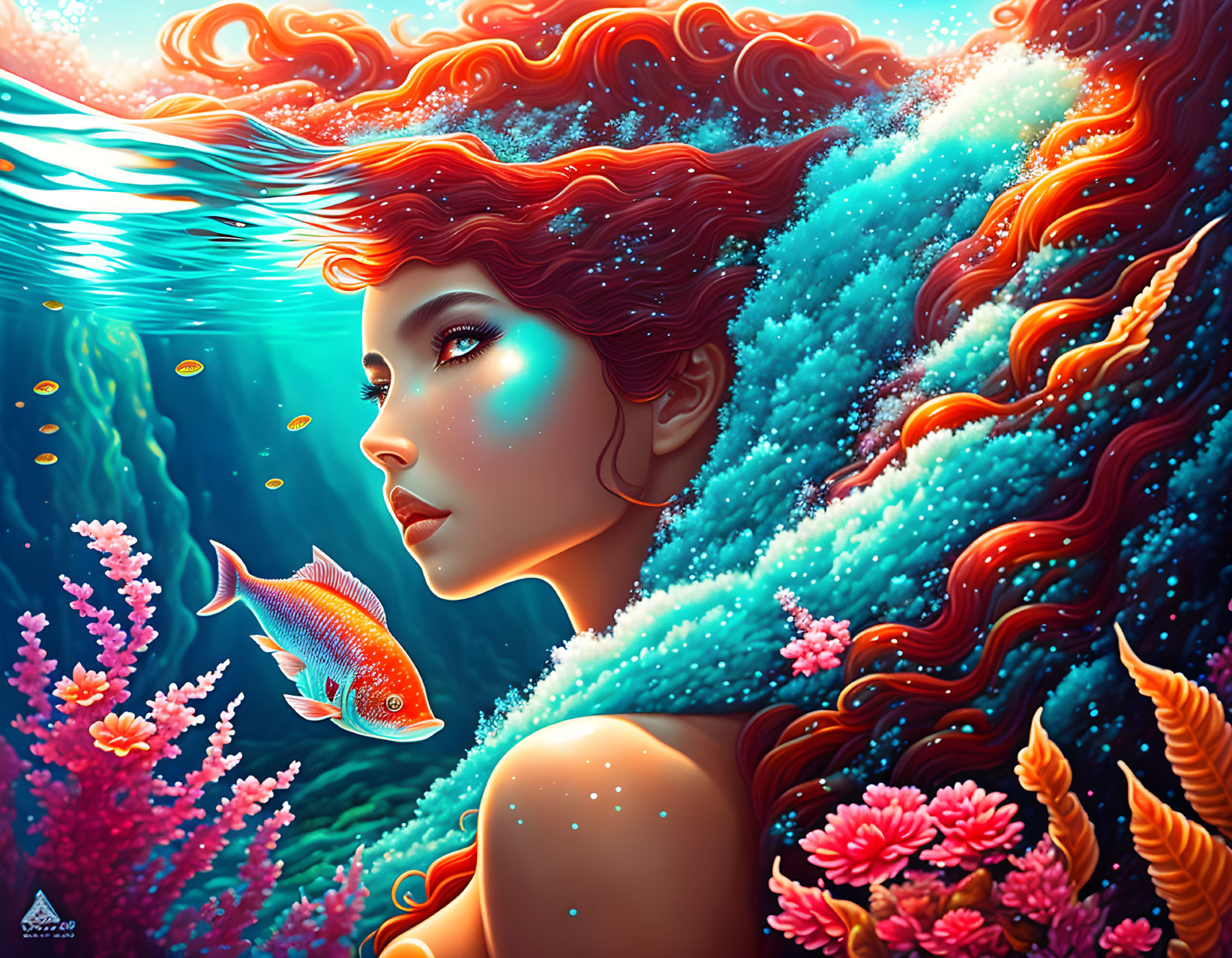 Vivid underwater artwork of woman with flowing red hair surrounded by marine life