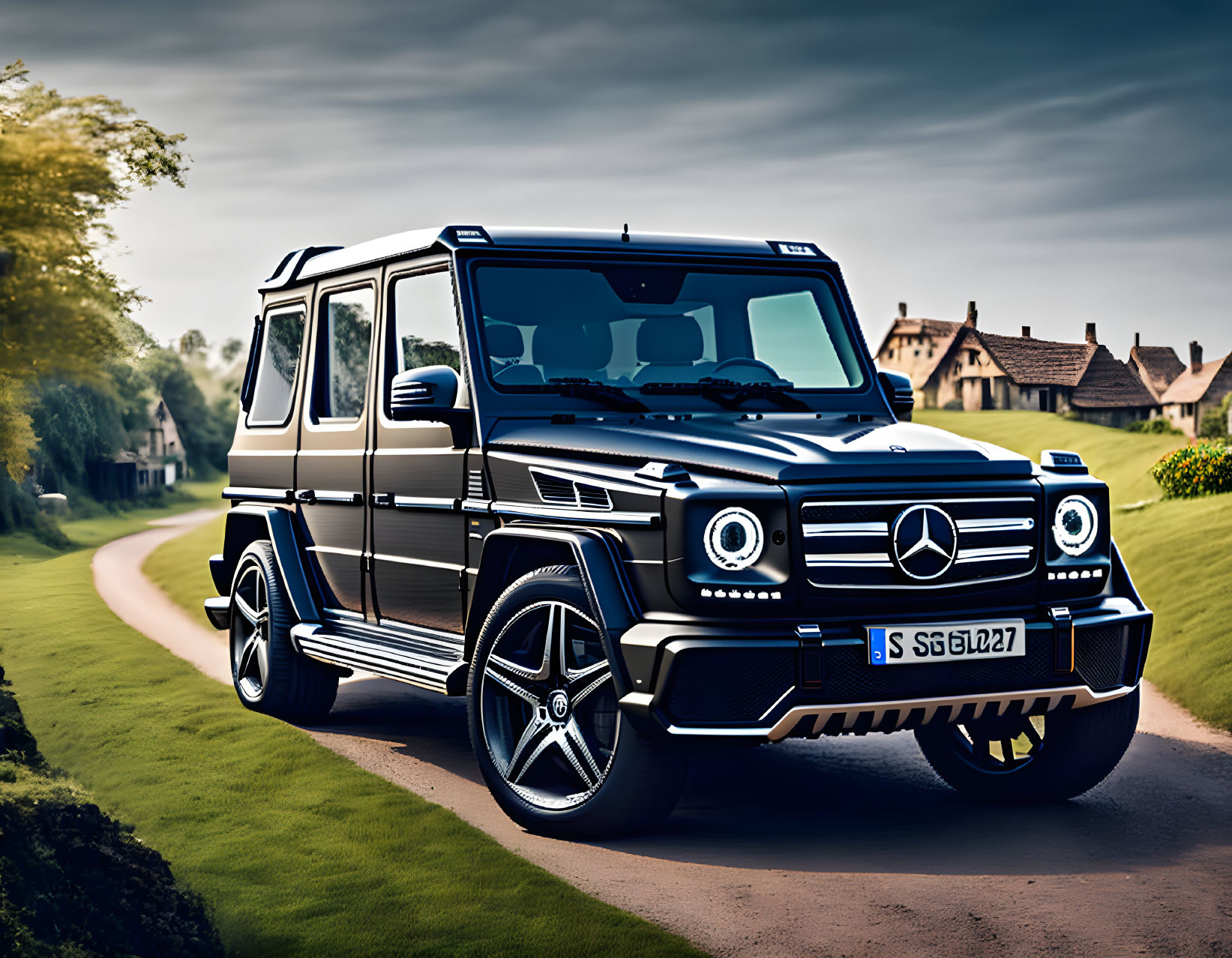 Luxury Black Mercedes Benz G-Class SUV on Country Road