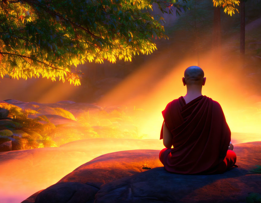 Monk meditating at sunrise by misty river with autumn trees.