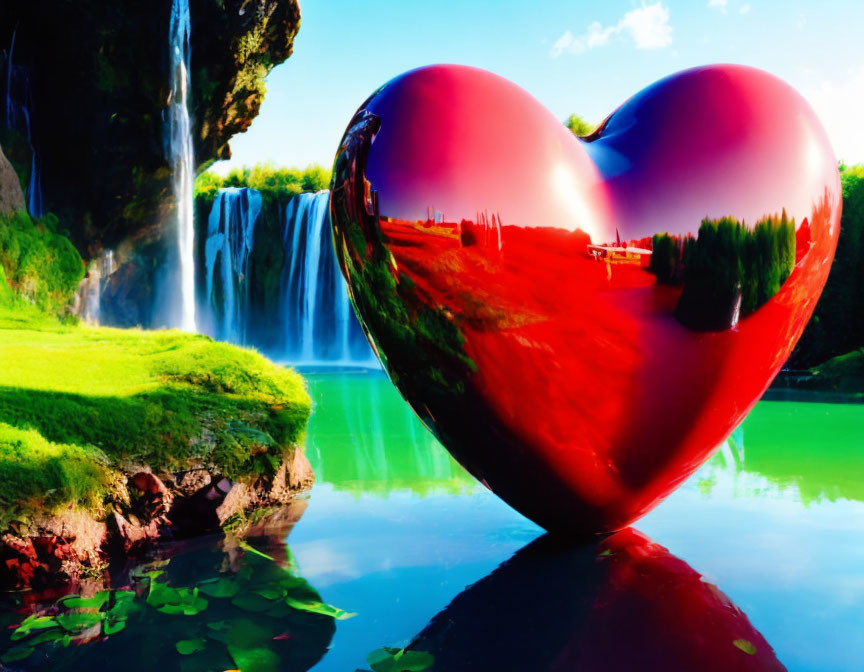 Red Heart Sculpture Reflects Serene Landscape with Waterfall