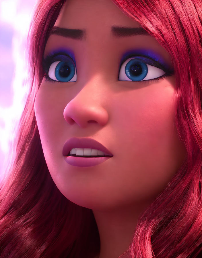 Animated female character with pink hair and blue eyes in close-up, displaying concern or contemplation.