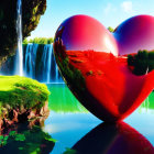 Red Heart Sculpture Reflects Serene Landscape with Waterfall