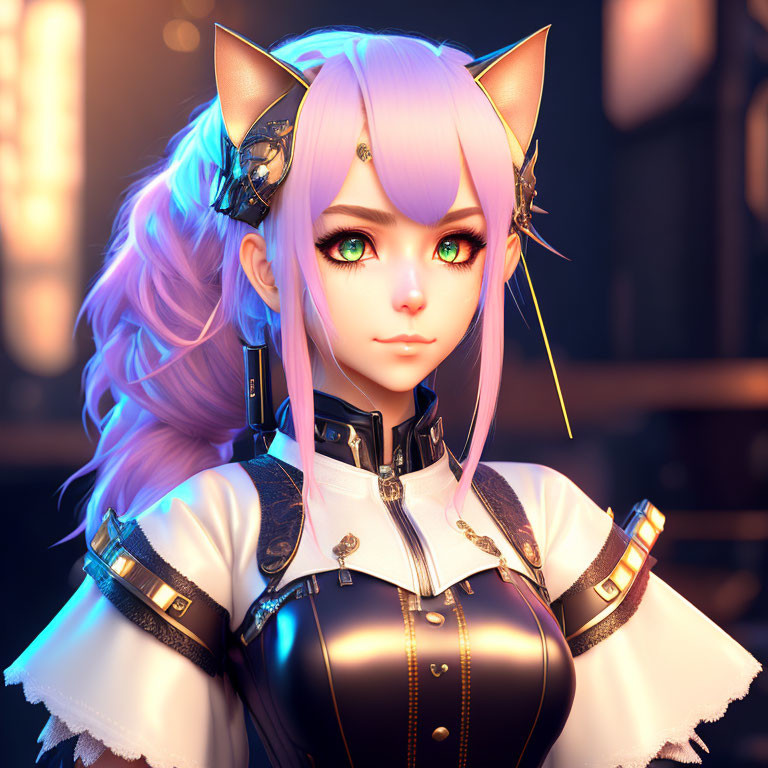 Digital artwork featuring female character with pink hair, cat ears, green eyes, and fantasy attire in amber