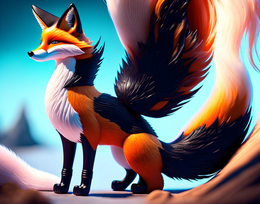 Vibrant orange and black fox with fluffy tails on blue background