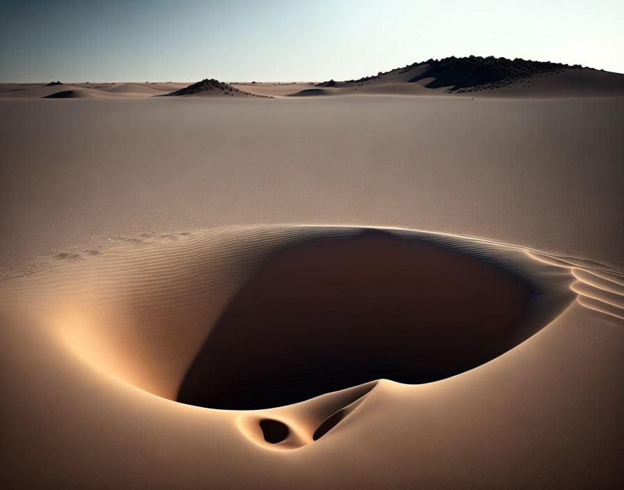 Sand dunes shaped by wind with dark depression in desert landscape