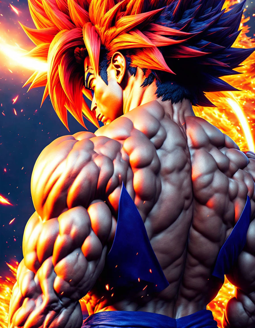 Muscular anime character with orange hair in blue outfit against intense background