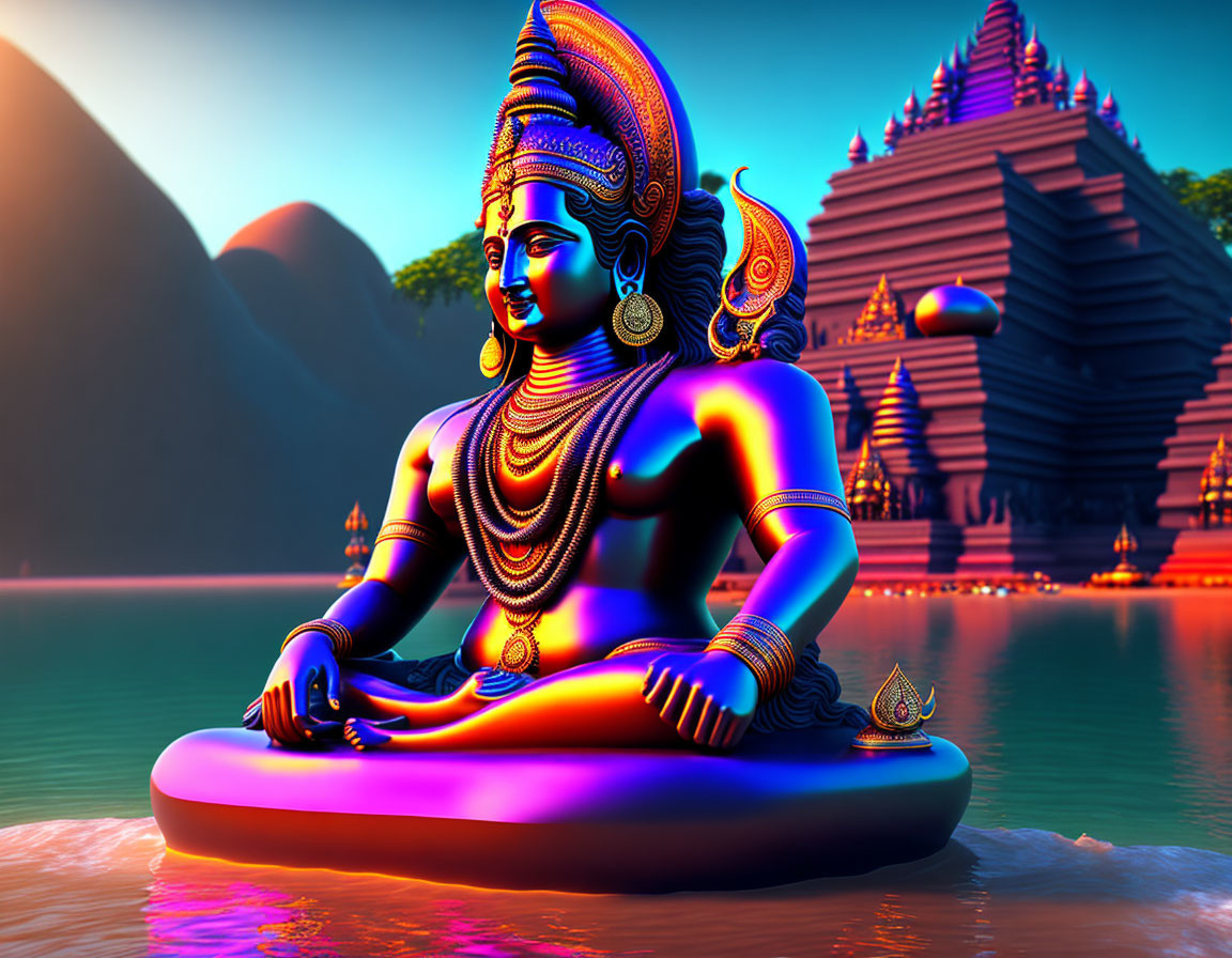 Digital artwork of blue deity meditating on lotus with temple and mountains