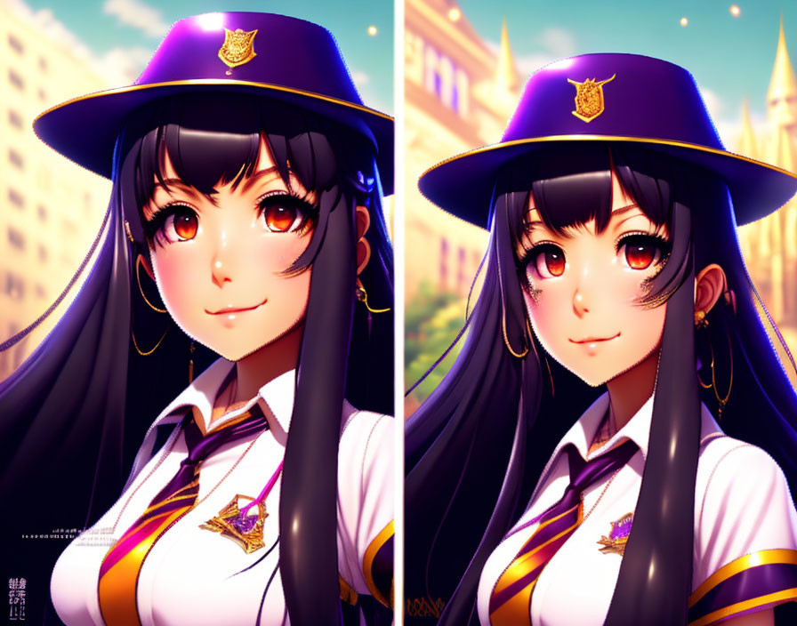 Long-haired animated character in police hat and uniform against cityscape background.