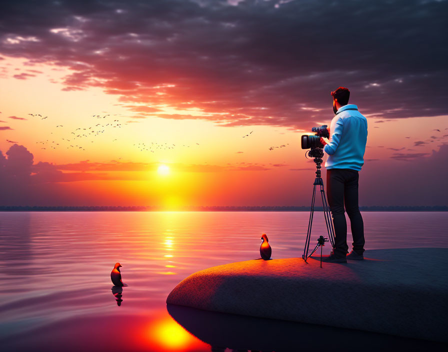 Photographer captures sunset scene with birds and ducks by lakeshore