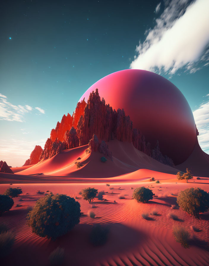 Surreal desert landscape with orange sand, red sphere, green shrubbery, dunes,