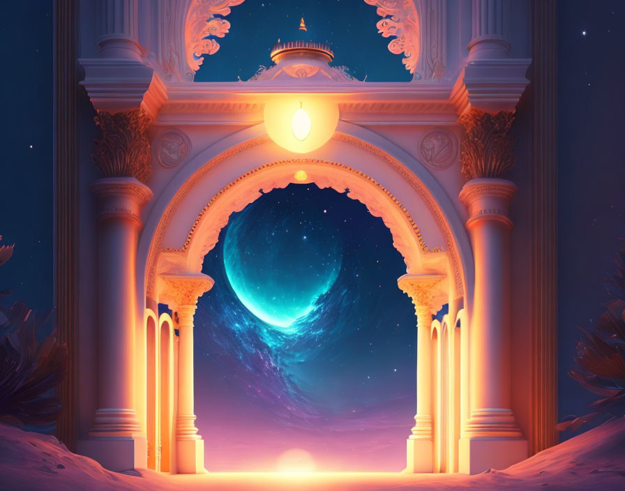 Digital artwork featuring archway under starry sky & crescent moon.