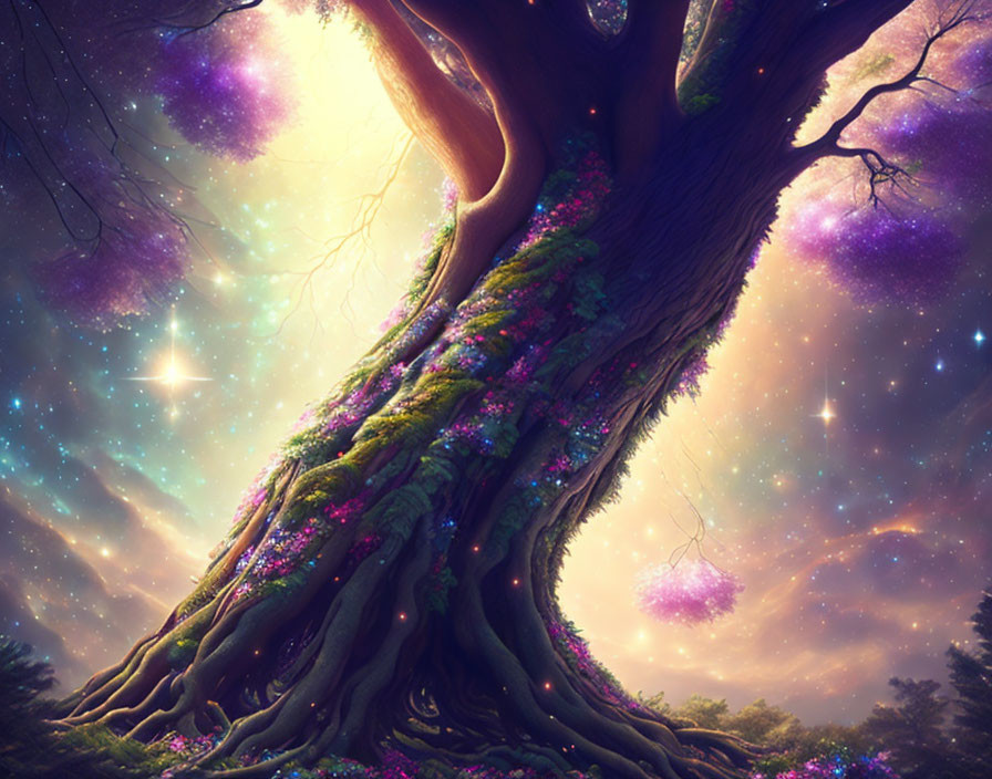 Majestic tree with green foliage and purple blooms in ethereal forest