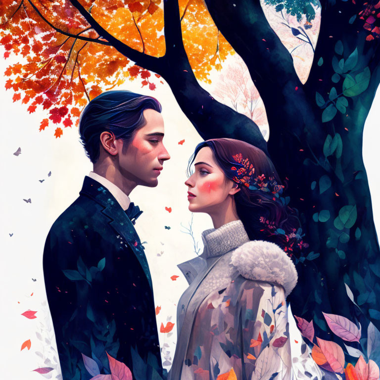 Illustrated couple under vibrant autumn tree with colorful foliage