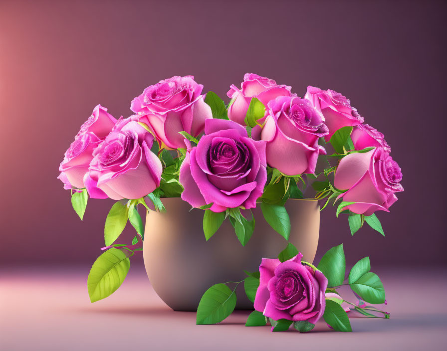 Vibrant Pink Roses in Beige Vase on Purple Background