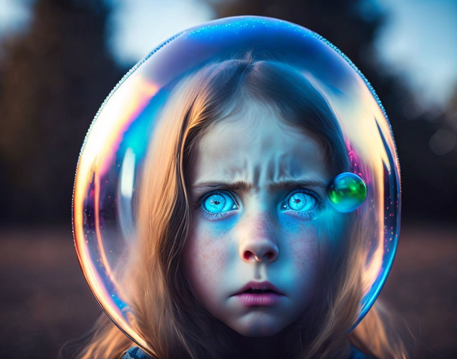 Young girl with wide blue eyes in iridescent bubble against blurred nature.