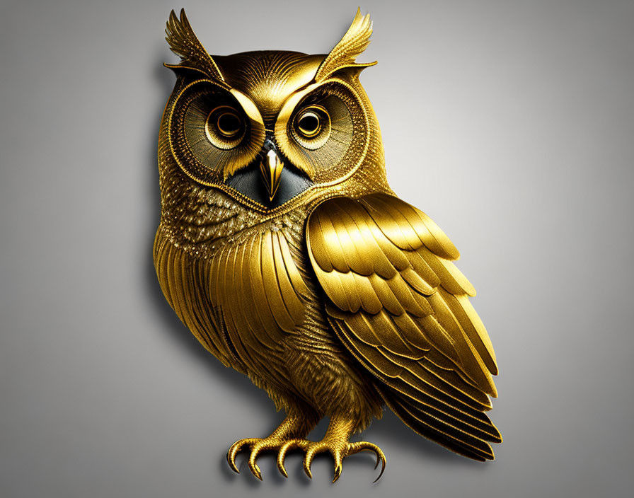 Intricate Golden Owl Sculpture with Captivating Eyes on Gray Background