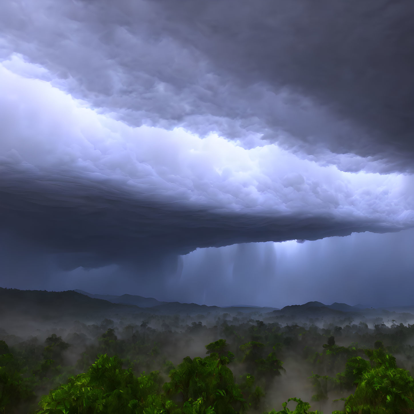 Dramatic storm cloud over lush forest with heavy rainfall and rising mist