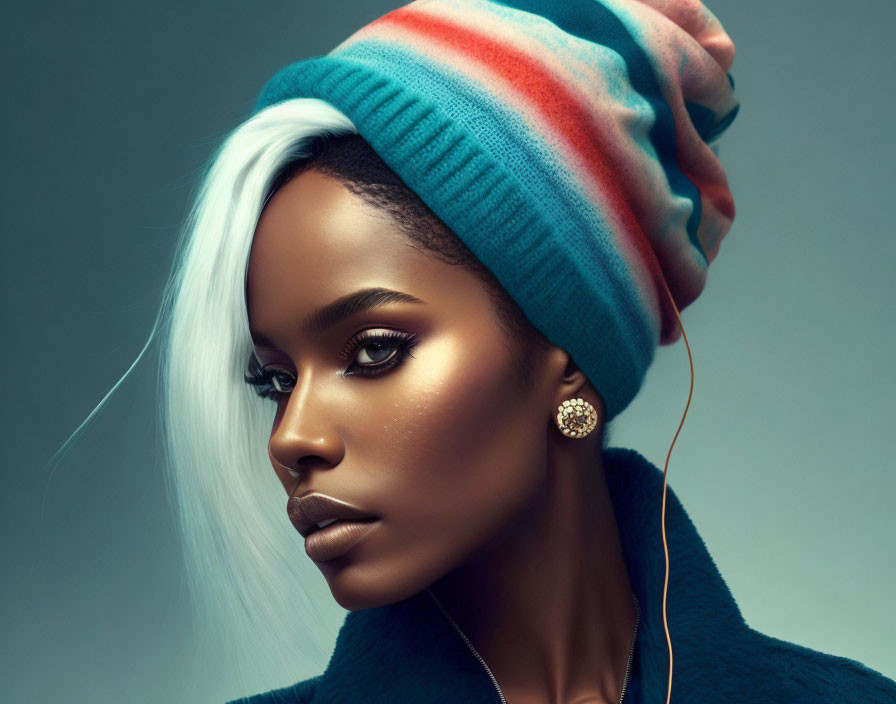 Colorful Beanie and Blue Coat on Person with Striking Makeup