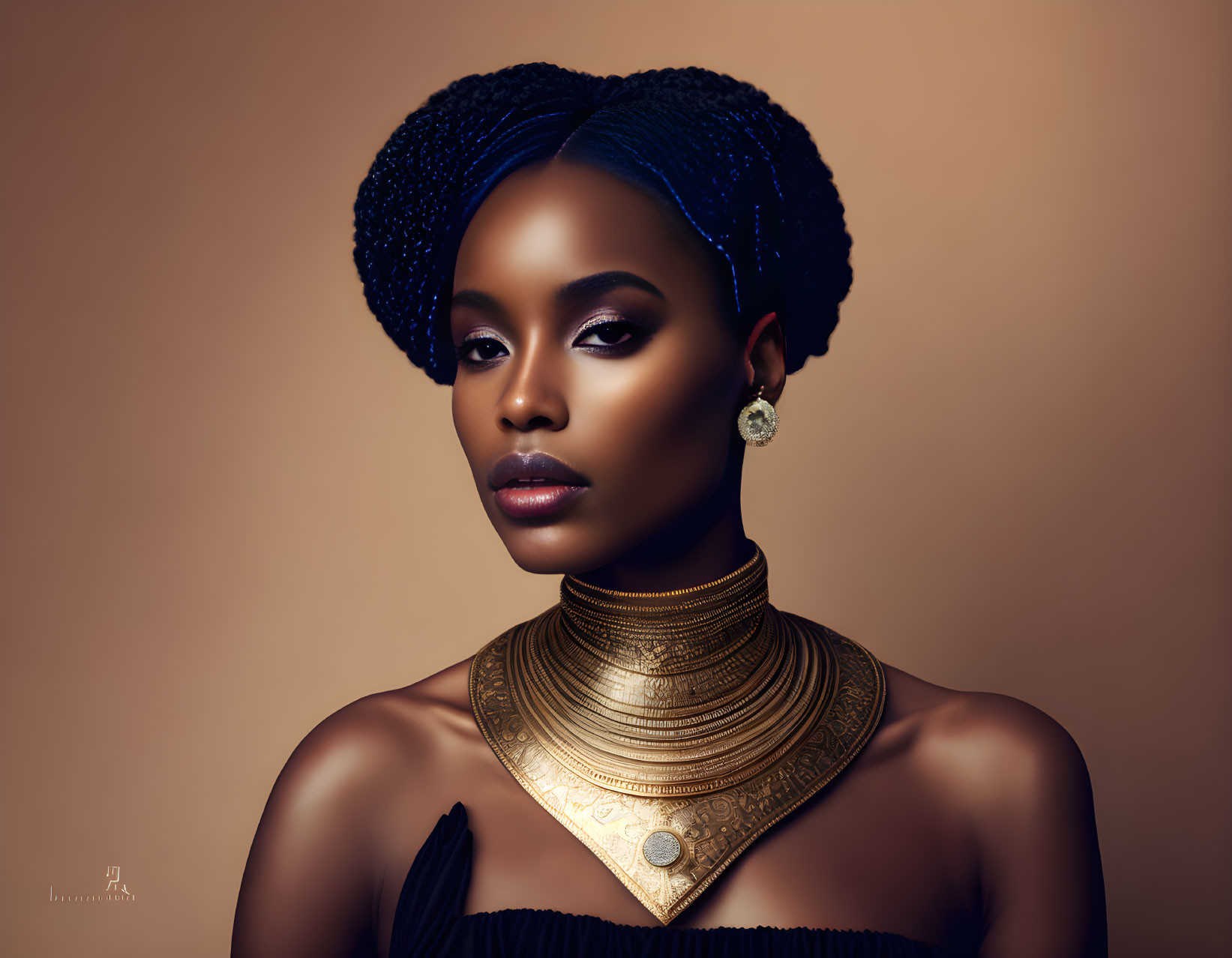 Woman with Braided Hair and Gold Jewelry Portrait