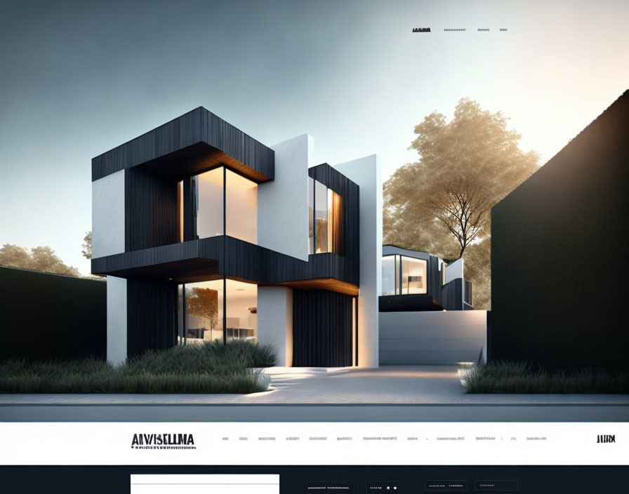 Geometric Design Two-Story House with Large Windows and Dark Facade in Serene Dusk Setting