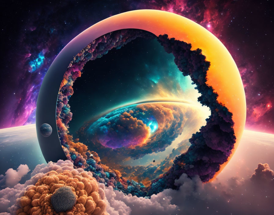 Surreal cosmic image: wormhole bending galaxy, framed by clouds, celestial bodies, vibrant neb