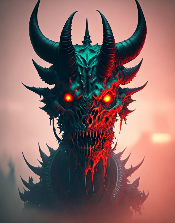 Sinister demonic creature with glowing red eyes and sharp horns on dusky background