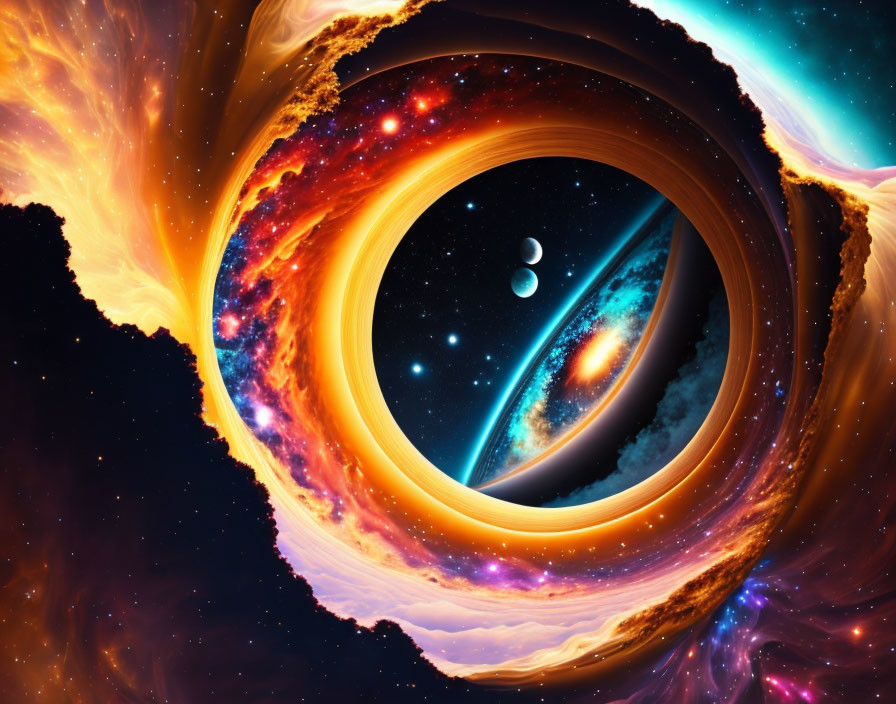 Colorful wormhole digital artwork with nebulas and planets.