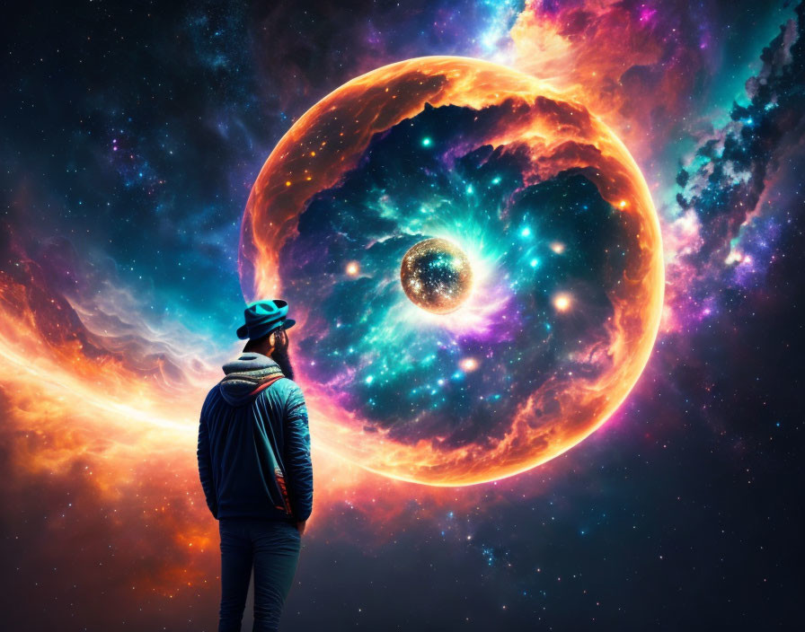 Person in jacket and hat gazes at surreal orange planet in cosmic background