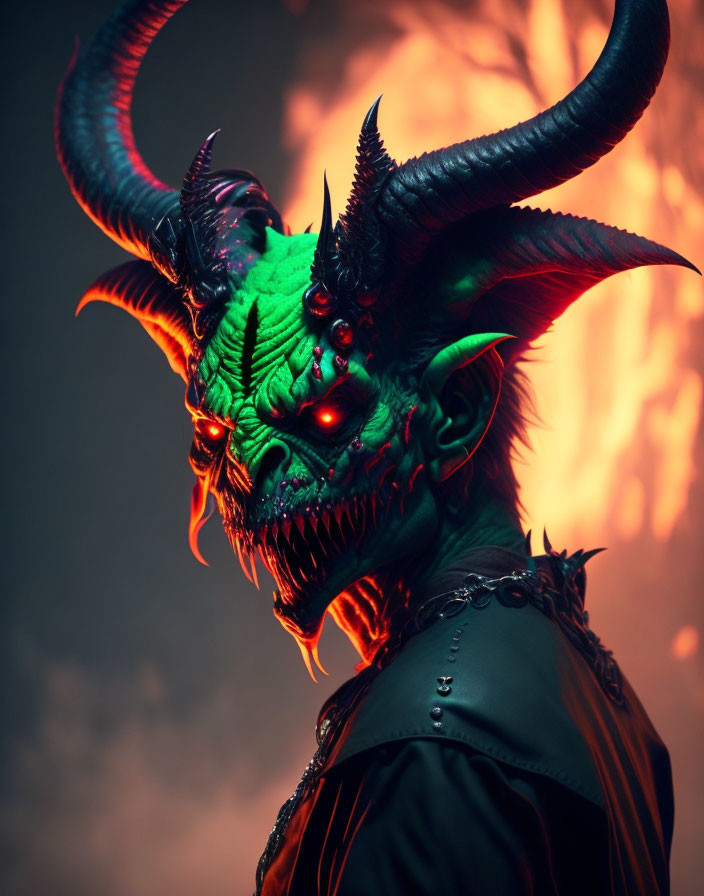 Green-skinned creature with fangs and horns in fiery setting